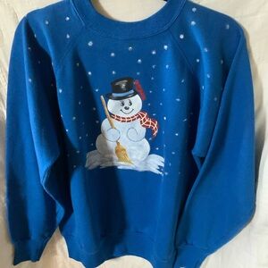 Handmade Vintage 90s Country Blue Snowman Painted Sweater Sweatshirt Pannill SzL